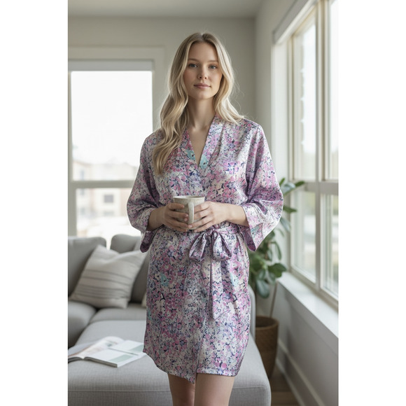 Linea Donatella Floral Satin Robe With Tie Waist Lightweight Size L / XL Bride - Picture 15 of 15